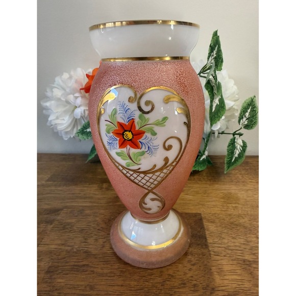 Other - Vintage Hand-Painted Pink Textured Art‎ Glass Vase Floral Gold Accents MCM Decor